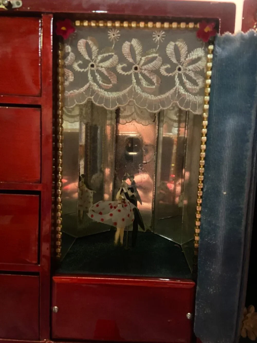 Vintage Red Lacquer Poodle Jewelry Armoire & Music Box from the 1950's